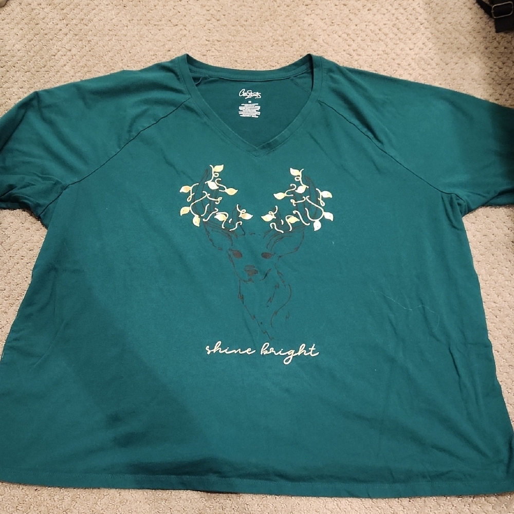 Green V-Neck Tee with Deer Design 2X